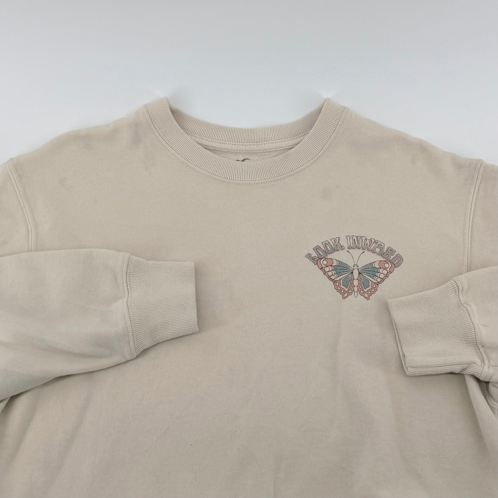 Hollister Look Inward Butterfly Graphic Sweatshirt Crewneck XS Cream Beige